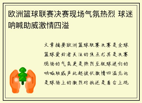 欧洲篮球联赛决赛现场气氛热烈 球迷呐喊助威激情四溢