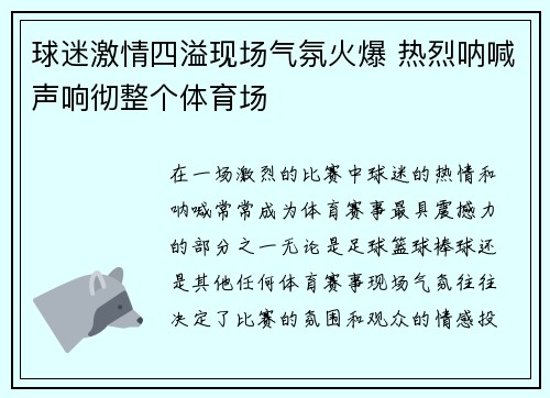 球迷激情四溢现场气氛火爆 热烈呐喊声响彻整个体育场