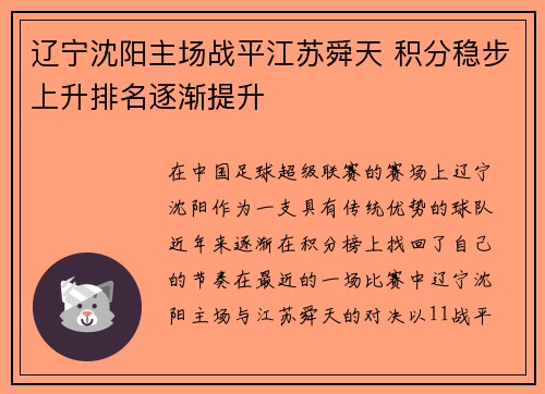 辽宁沈阳主场战平江苏舜天 积分稳步上升排名逐渐提升