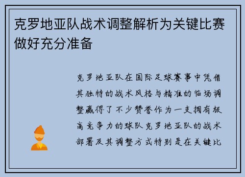 克罗地亚队战术调整解析为关键比赛做好充分准备