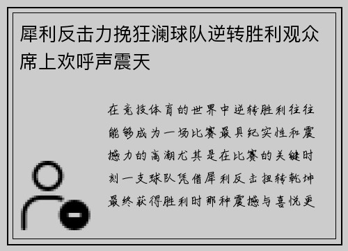 犀利反击力挽狂澜球队逆转胜利观众席上欢呼声震天