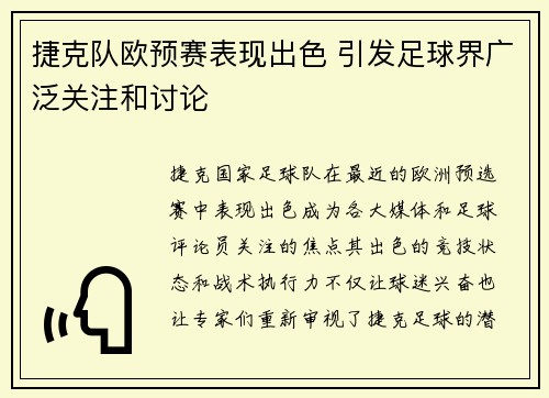 捷克队欧预赛表现出色 引发足球界广泛关注和讨论