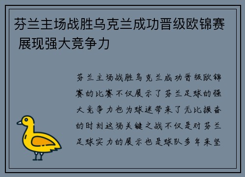 芬兰主场战胜乌克兰成功晋级欧锦赛 展现强大竞争力