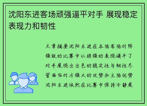 沈阳东进客场顽强逼平对手 展现稳定表现力和韧性
