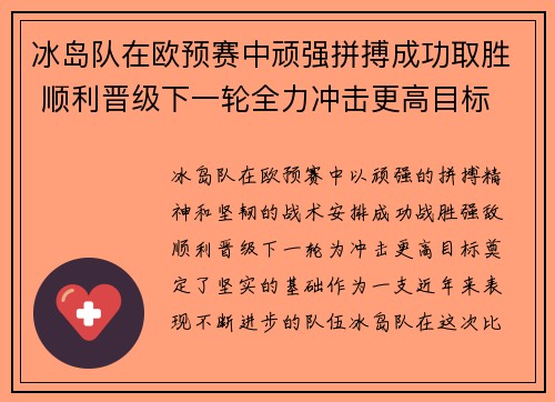 冰岛队在欧预赛中顽强拼搏成功取胜 顺利晋级下一轮全力冲击更高目标